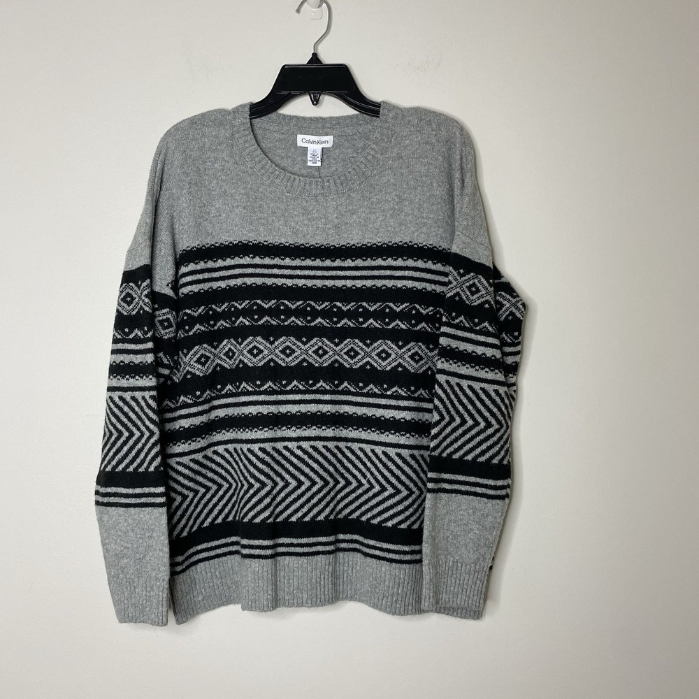 Calvin Klein Womens L Fair‎ Isle Knit Sweater Gray Black Crew Neck Long Sleeve